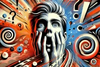 a man depicting a shocked expression with eyes wide open and hands covering his face. Bright colors swirling around him like a kaleidoscope all around him. AI-Generated