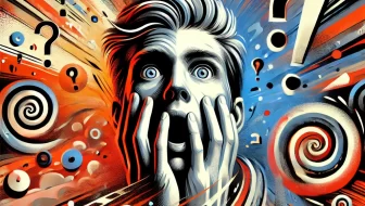 a man depicting a shocked expression with eyes wide open and hands covering his face. Bright colors swirling around him like a kaleidoscope all around him. AI-Generated