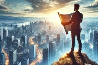 A man standing on a high peak holding a blueprint with a compass on the high ground behind him. He is overlooking a city an lit up roadways. Dark clouds overhead.