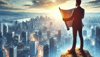 A man standing on a high peak holding a blueprint with a compass on the high ground behind him. He is overlooking a city an lit up roadways. Dark clouds overhead.