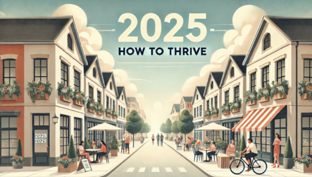 heading says 2025 How To Thrive the image is of a cute street in a town with people dining outside, waking and riding bicycles with white clouds over the buildings