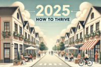 heading says 2025 How To Thrive the image is of a cute street in a town with people dining outside, waking and riding bicycles with white clouds over the buildings